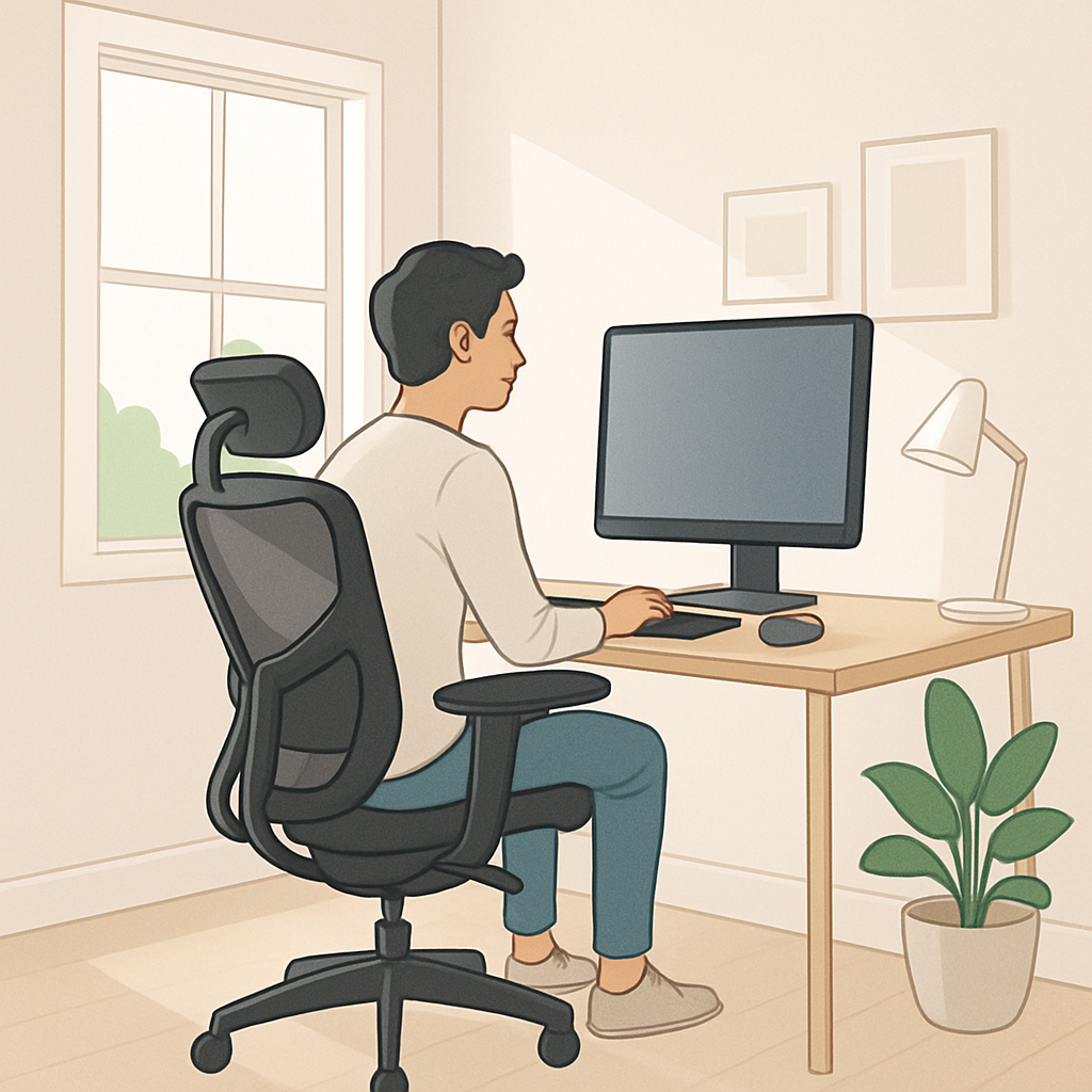 homem sentado em uma cadeira ergonomica em frente ao computador
